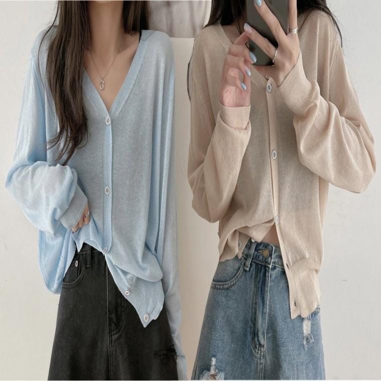 브이넥 여자 가디건 긴팔 루즈핏 여름 시스루 니트