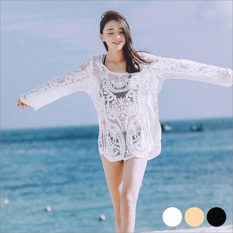망사 커버업 여름 비치웨어 긴팔 레이스 여행 바캉스룩