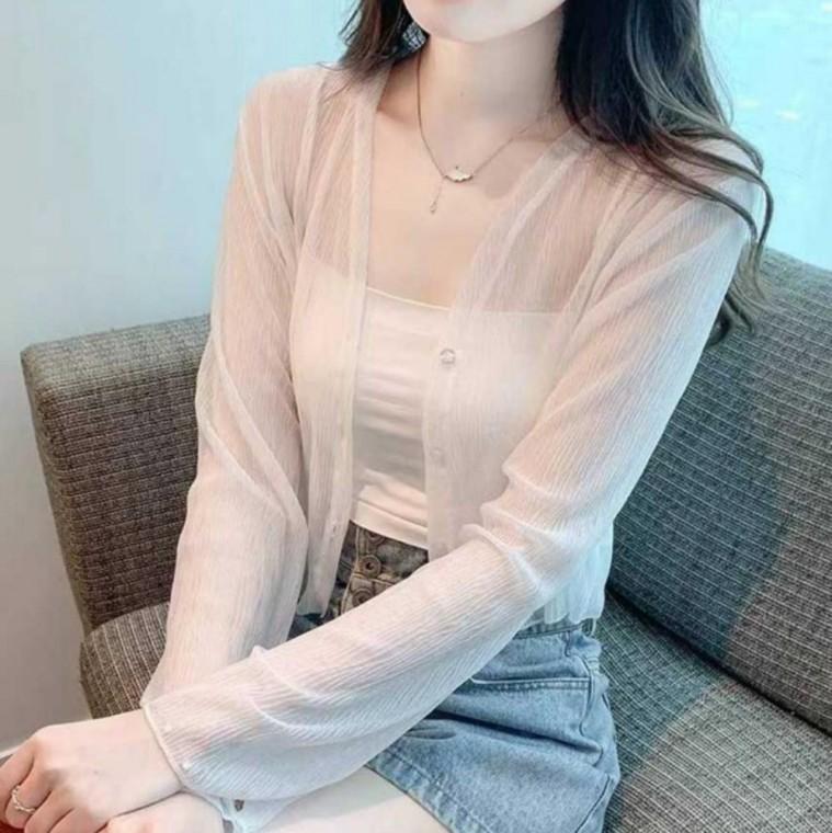 여성 슬림핏 긴팔 얇은 살안타 여름 시스루 크롭 가디건