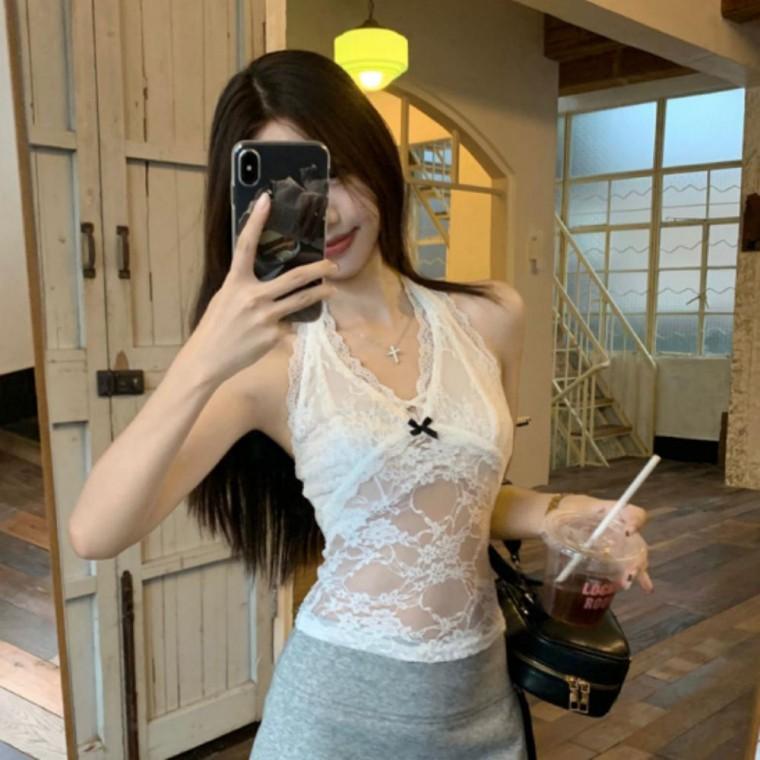 여성 여름 섹시 홀터넥 시스루 레이스 크롭 이너탑
