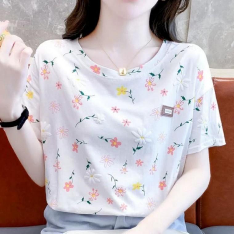 여성 루즈핏 라운드넥 반팔 꽃 여름 플라워 티셔츠