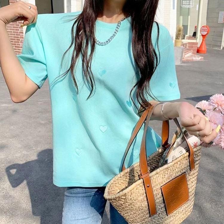 여름티셔츠 여성스러운 하트무늬 자수 데일리 반팔티