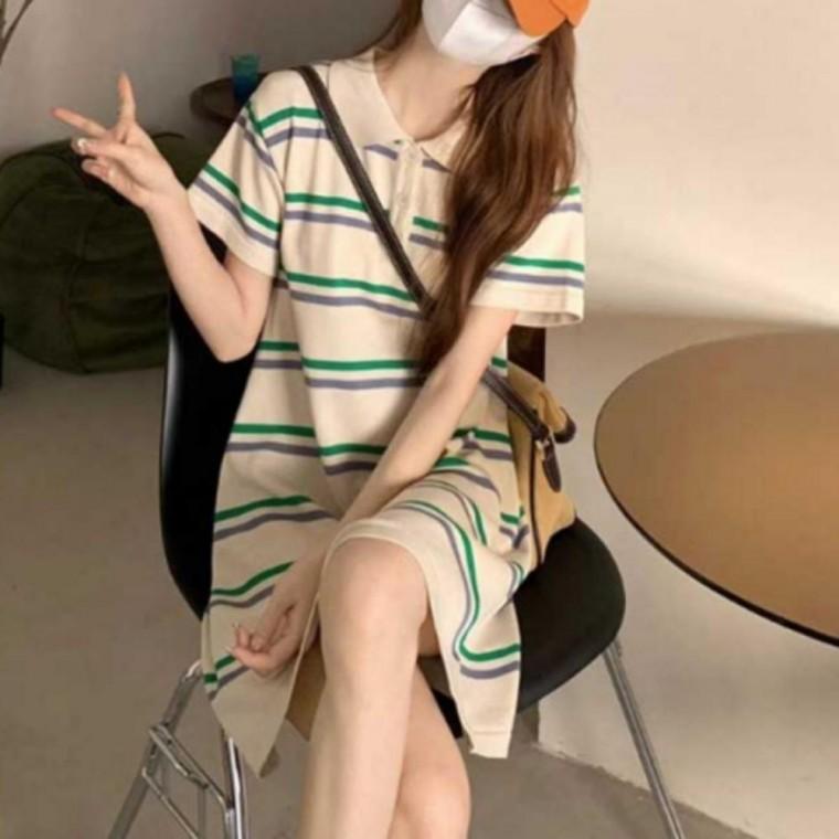 여성 여름 카라 스트라이프 반팔 미니 오버핏 원피스