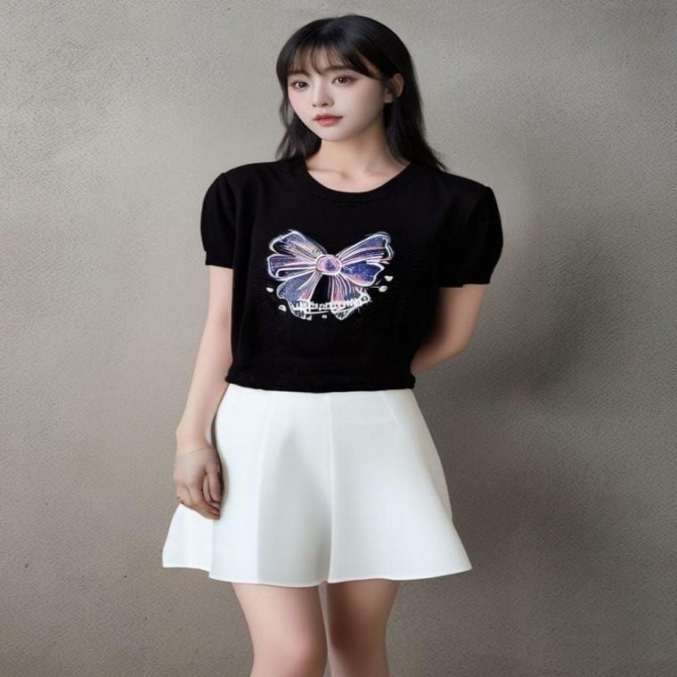 여자 예쁜 리본 프린팅 라운드넥 여름 니트 티셔츠