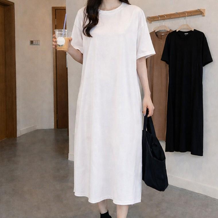 여자 데일리룩 여름 루즈핏 반팔 롱원피스