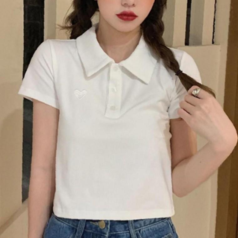 여성 하트패치 맞춤 크롭 반팔티 1P 여름 카라 심플