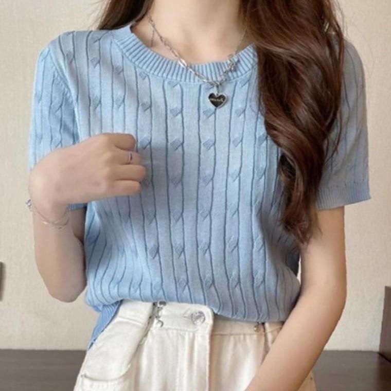 여성 가벼운 데일리 꽈배기 짜임 반팔 니트티 1P 여름 티셔츠