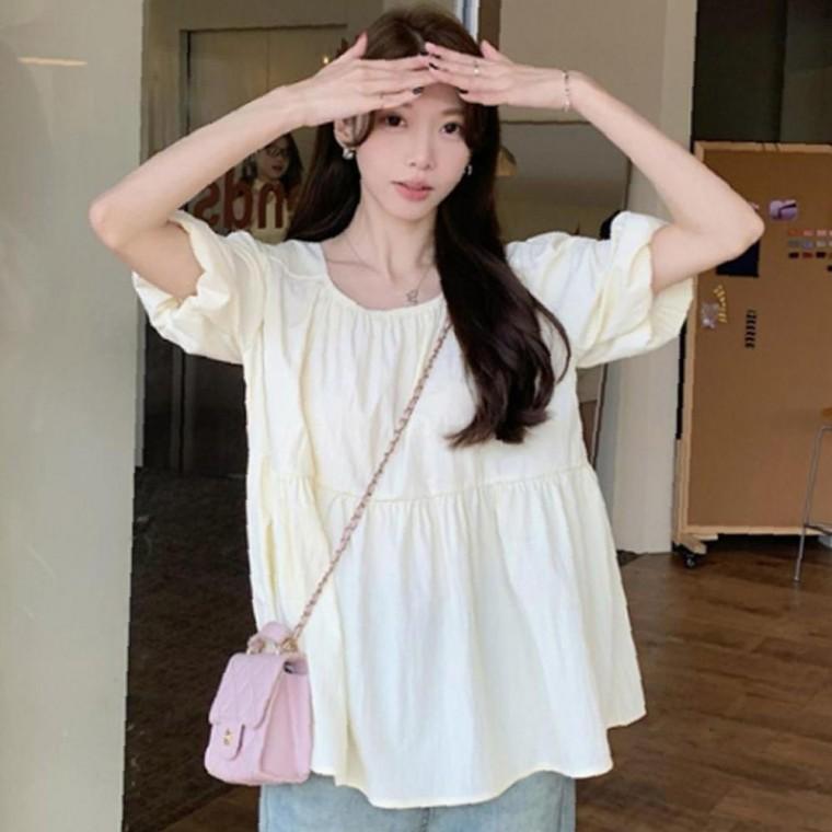 여성 소매 쾌적 퍼프 루즈핏 1P 백리스 여름 셔츠