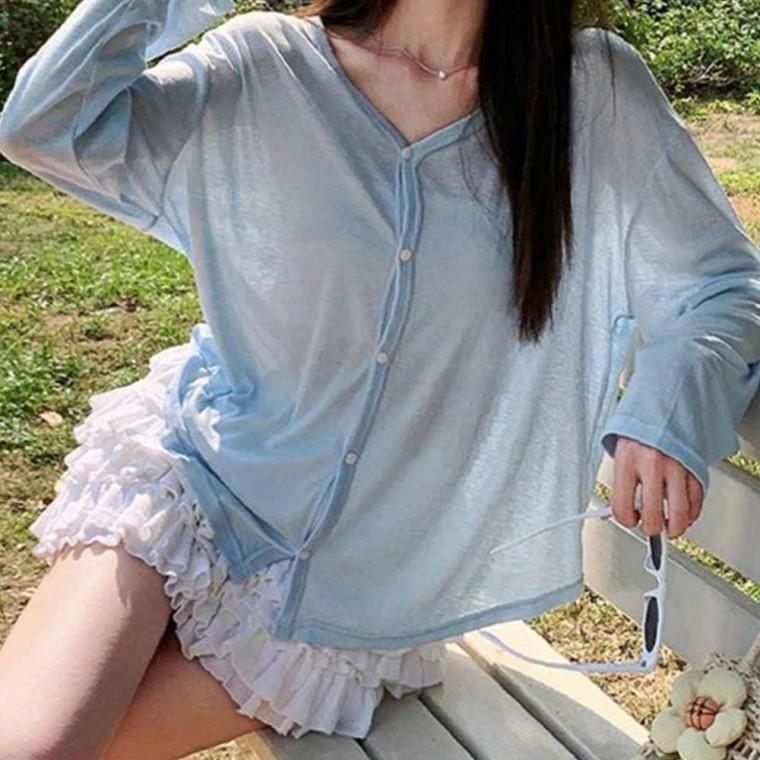 여성 V넥 편리 시스루 긴팔 가디건 1P 여름 가벼운 외투