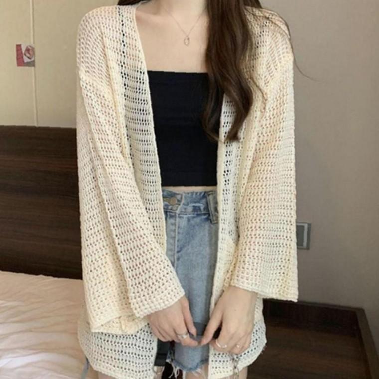 여성 짜임 케어 펀칭 노버튼 롱가디건 1P 넉넉한 소매 여름 외투