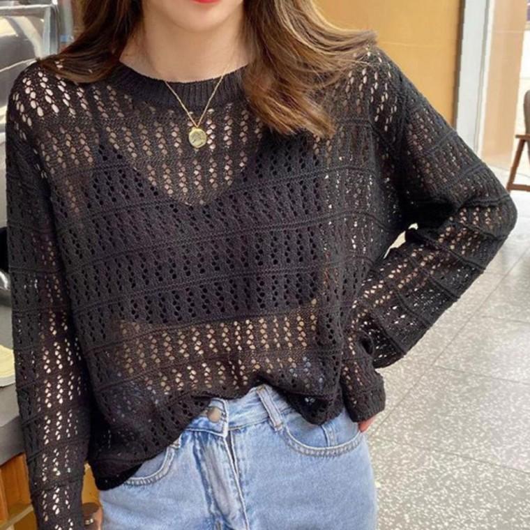 여성 펀칭 베이직 여름 긴팔 니트티 1P 레이어드 커버업 망사