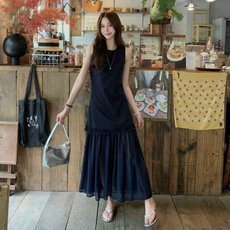 프릴 롱원피스 데일리원피스 민소매 오피스룩원피스 시스루 여성 여름원피스
