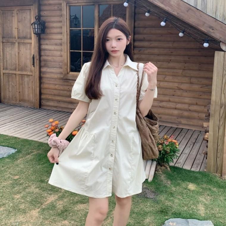 셔츠 카라 셔링 원피스 여자 반팔 루즈핏 3컬러 여름