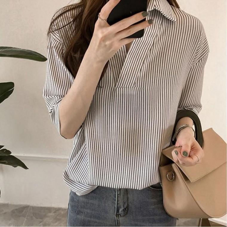 7부 여성 스트라이프셔츠 카라 여름 오피스룩 남방