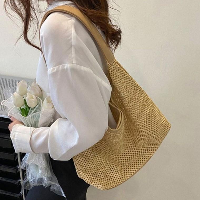 밀짚 여자 숄더백 배색 라탄 가벼운 가방 그물 여름