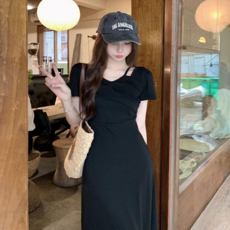 반팔 여성 롱 날씬핏 맥시 셔링 여름 원피스