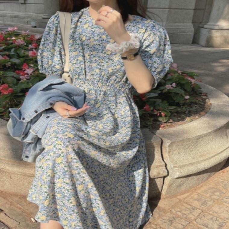 반팔 여름 롱 허리 잔꽃무늬 밴딩 원피스 여성