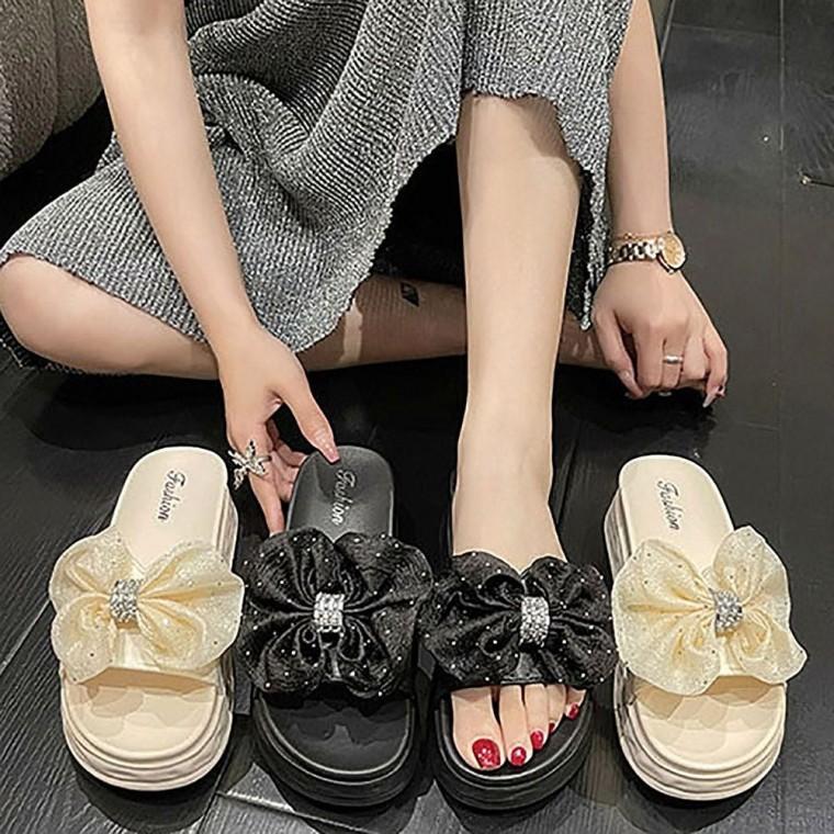 통굽 뮬 리본 슬리퍼 큐빅 여름 여성 플랫폼 쉬폰