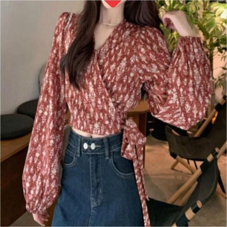 여자 셔츠 여름 가을 v넥 랩블라우스 패턴 퍼프소매 2