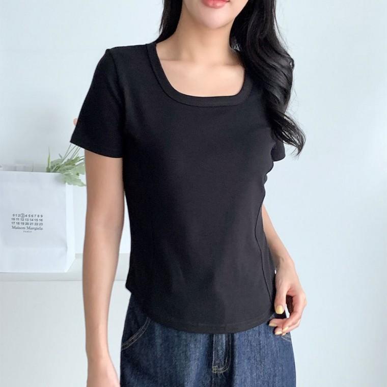 반팔티 절개 포인트 여름 여성 티셔츠 스퀘어넥 무지