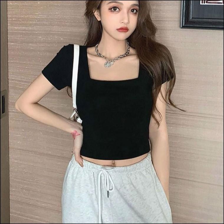 헨리넥 반팔 크롭 반팔티 레이스 여자 티셔츠 여름 반소매