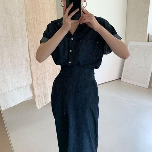 여성 카라 깔끔한 여름 반팔 셋업 데님 셔츠 청 스커트