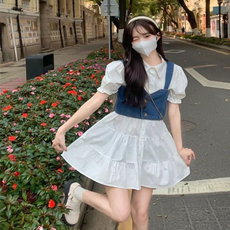 데님 반팔 뷔스티에 원피스 여자 퍼프 크롭 셔츠 여름