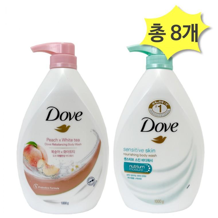 도브 바디워시 2종 화이트피치1000&센서티브1000ml x각4개(총8개) 복숭아향 저자극 대용량