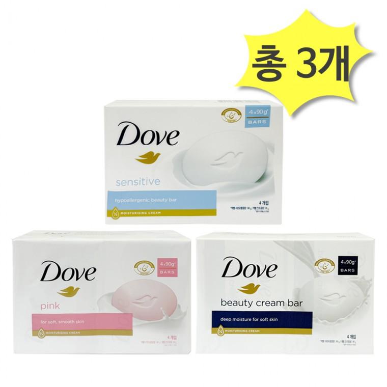 도브 비누 3종 핑크뷰티바&센서티브&뷰티크림바 90g 4개입 x 각1개 (총3개) 저자극
