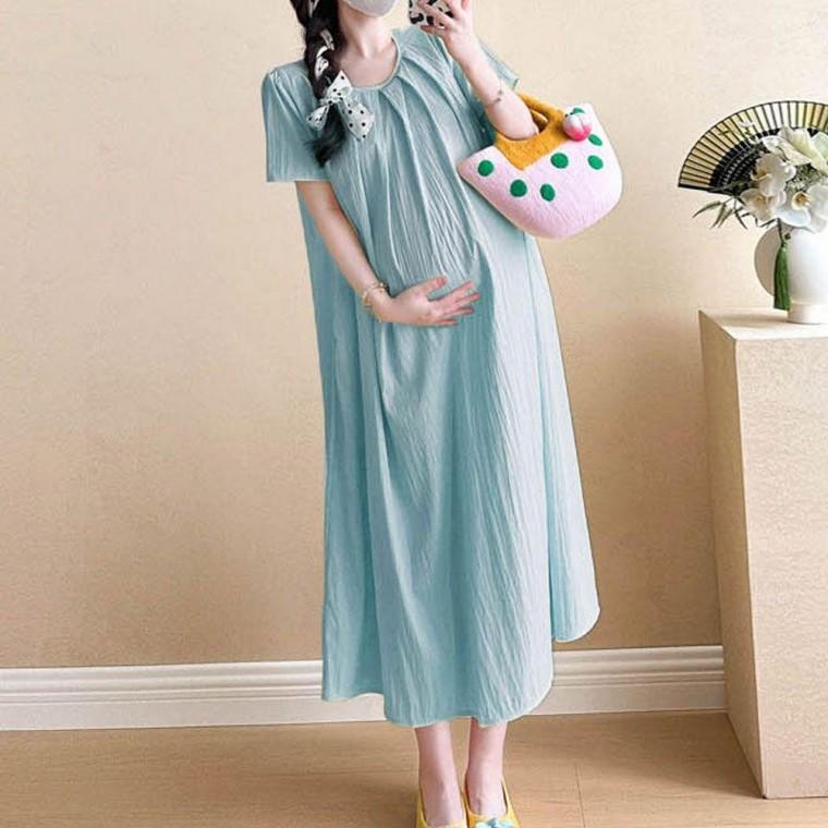 데일리룩 여성 임산부 플리츠 반팔 루즈핏 롱원피스