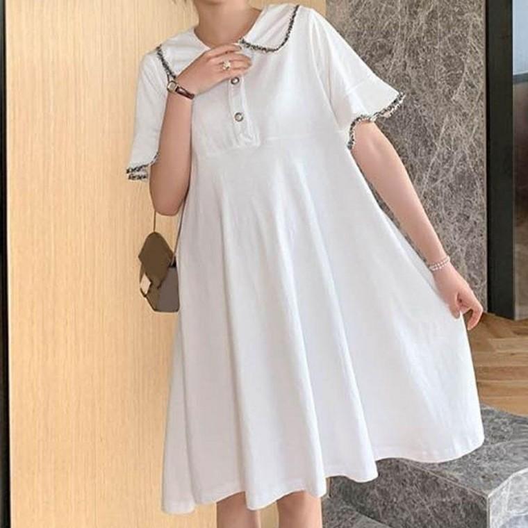 화이트 둥근카라 임부복 퍼프 데일리 원피스 루즈핏