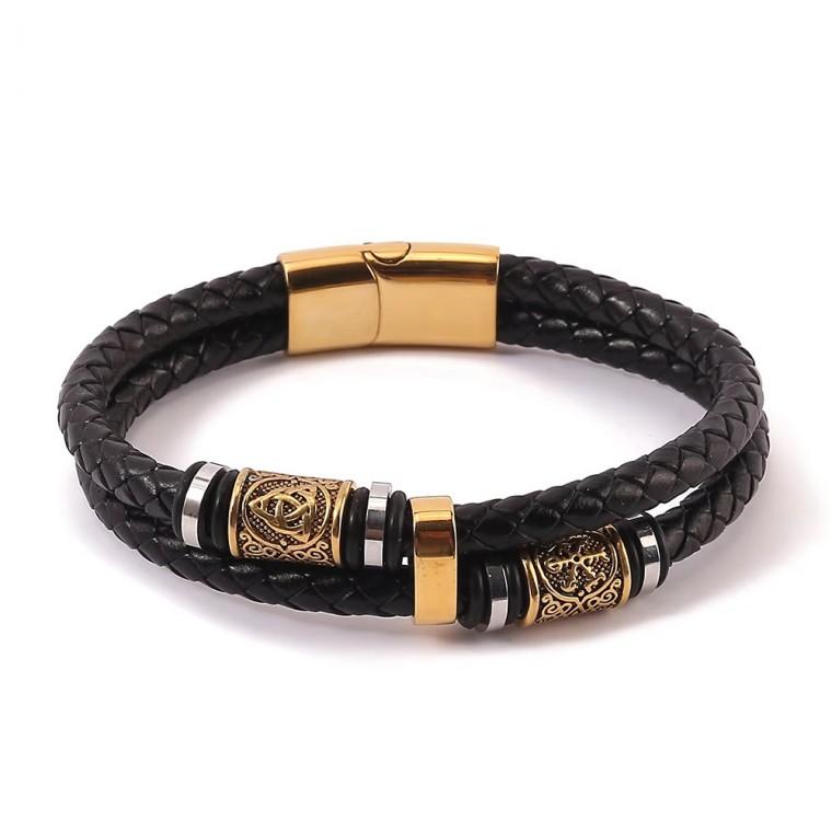 프리스톤 바이킹 노르드룬 소가죽 더블 팔찌 남성팔찌