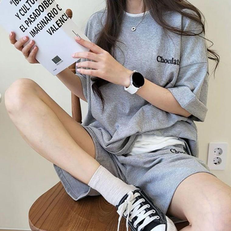 얇고 가벼운 여성 여름 패션 캐주얼 추리닝 세트 티셔츠 빅사이즈 라운드 반후드티 면티 브이넥 박스티