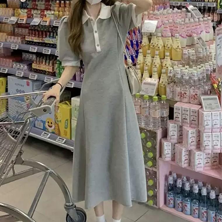 배색카라 반팔 롱원피스 여성 데일리 코디룩