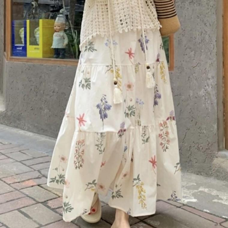티어드 롱스커트 꽃무늬 여성 플레어 플라워 스커트