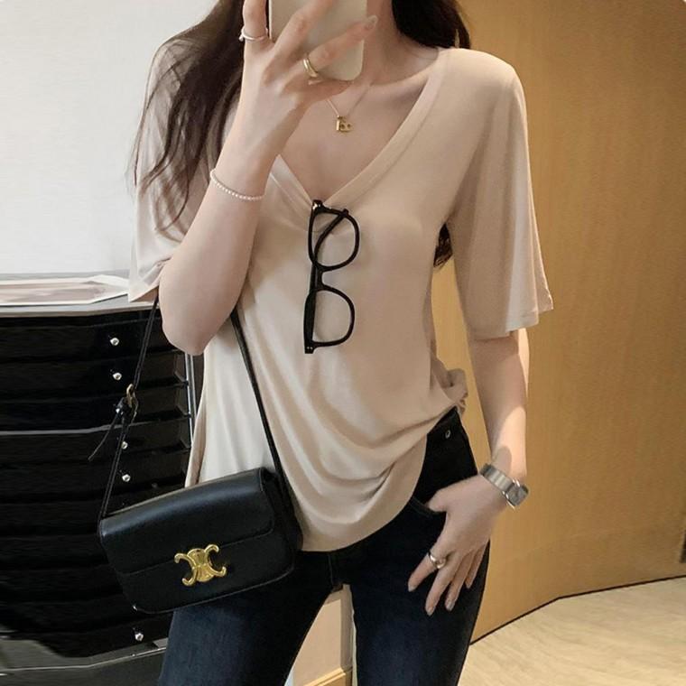 데일리스판 딥브이넥 부들부들 반팔티셔츠 브이넥 레이온 기본무지티 여름