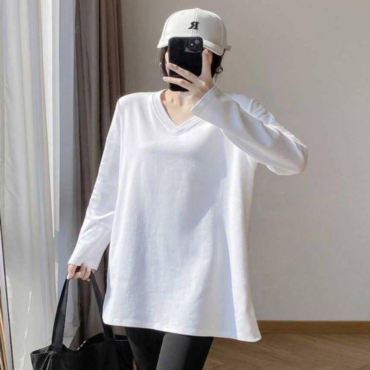 이지캐주얼룩 헨리넥티셔츠 디자인 힙을덮는 여자긴팔티 캐주얼라운드티셔츠
