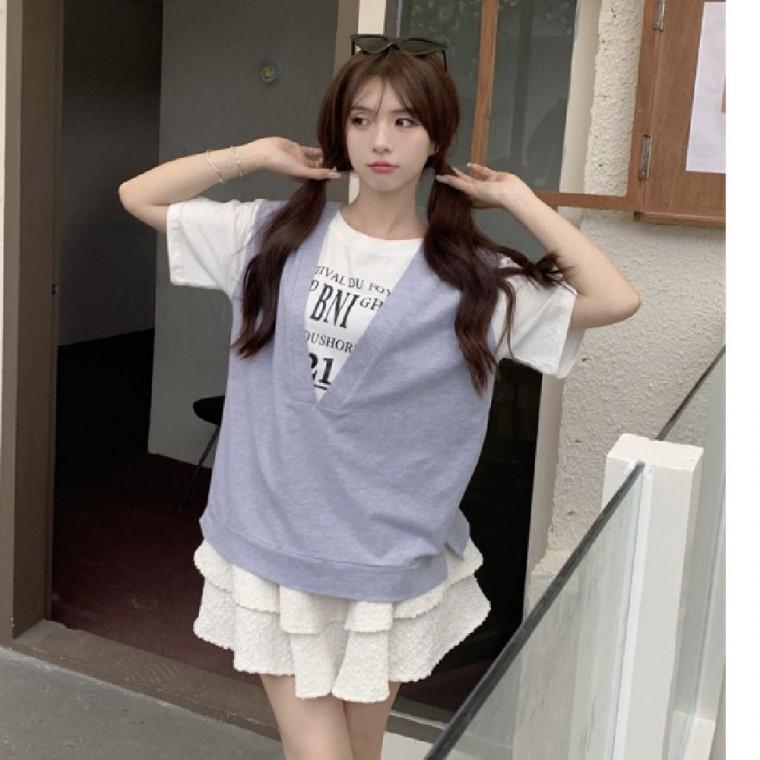 캐주얼 반팔 반팔티셔츠 페이크 레터링티셔츠 티셔츠 여성 조끼 캐주얼티셔츠