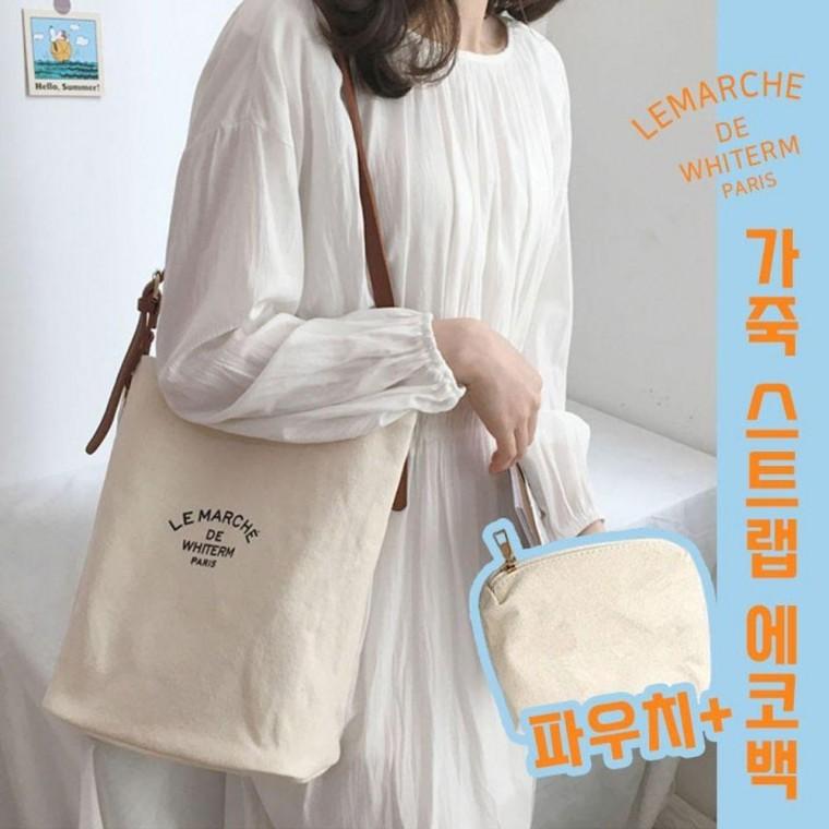 파우치포함 크로스 캔버스 가죽스트랩 에코백