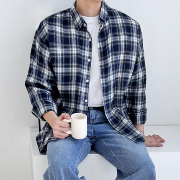 남자커플 오버핏체크남방 모노