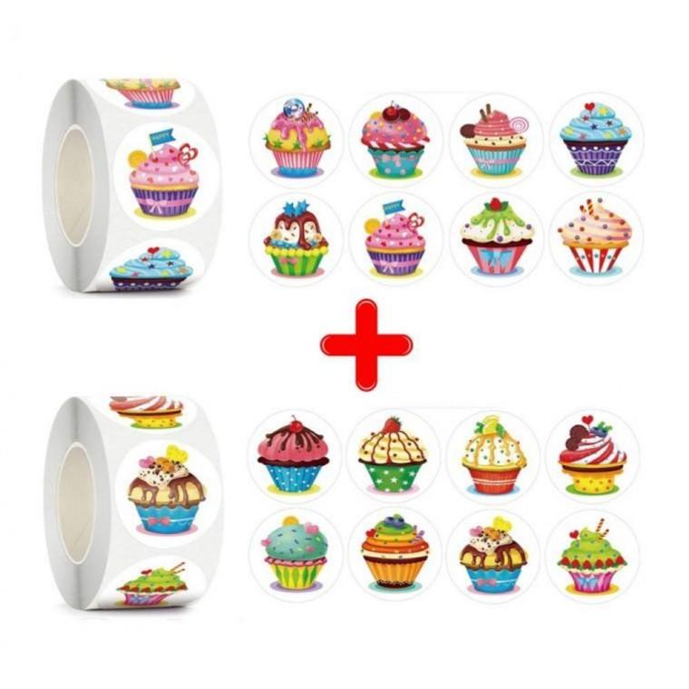 컵케이크 2롤 S6138+61 16종 원형스티커 1000pcs 다꾸