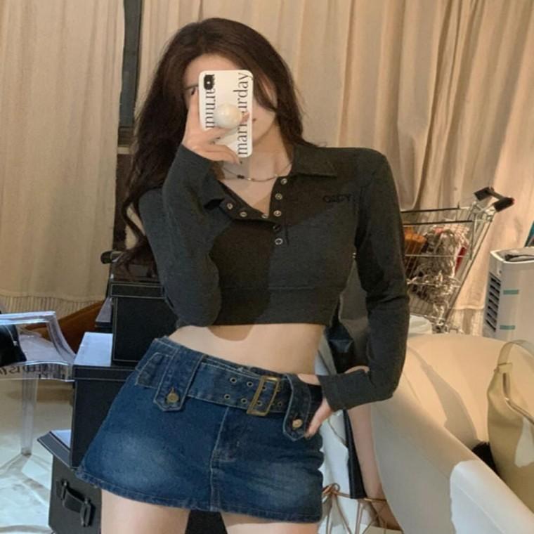 여자크롭티 데일리웨어 캐주얼룩 여자골지긴팔티 깔끔한티셔츠 캐주얼슬림셔츠