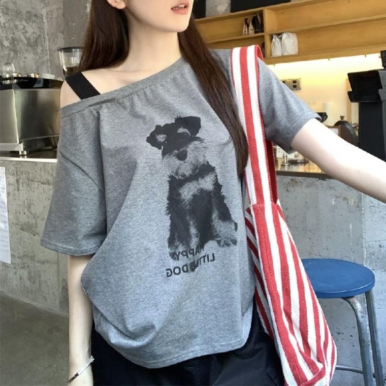 캐주얼 반팔티셔츠 캐주얼티셔츠 오프숄더 프린팅 티셔츠 언발란스티셔츠