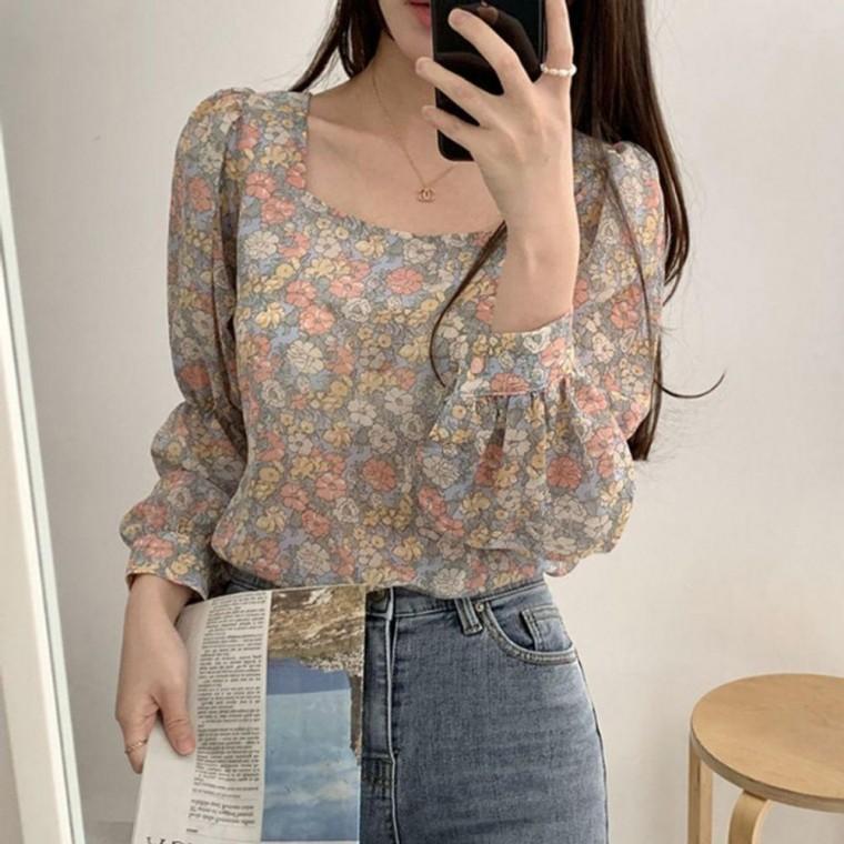 스퀘어넥 블라우스 쉬폰 플라워 여성