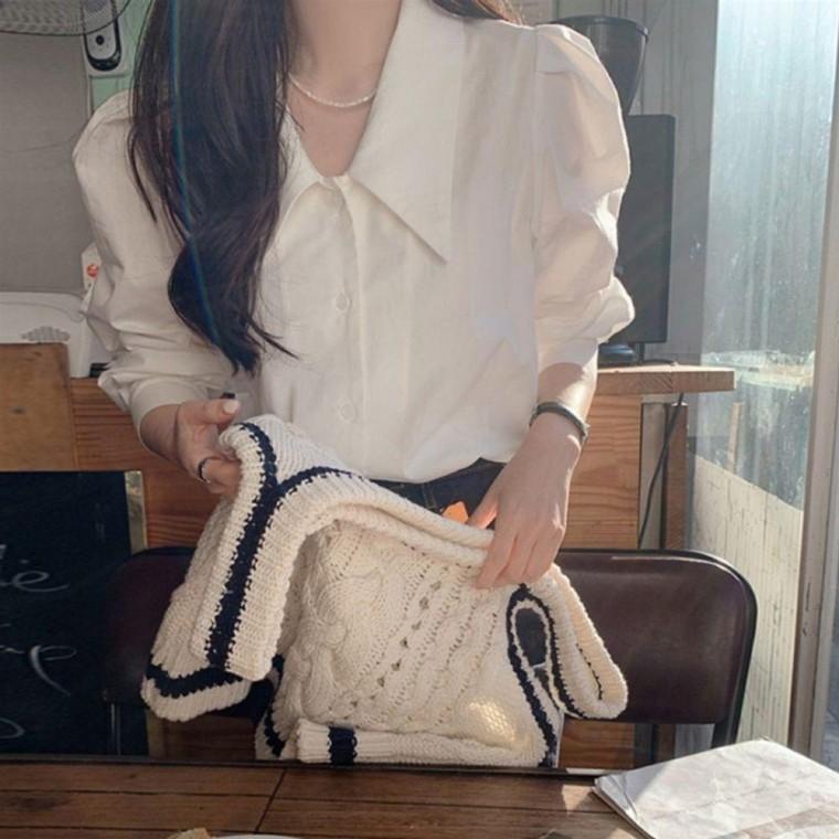 화이트 퍼프 벌룬 셔츠 여성 블라우스 숄더 하 빅카라