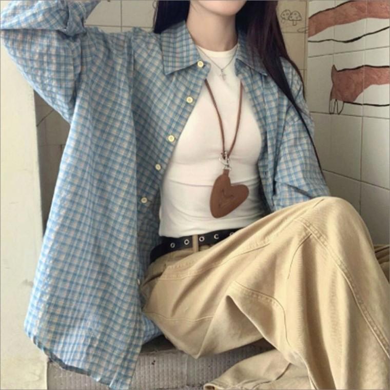 잔체크 캐주얼 루즈핏 여성 간절기 셔츠 블루 남방 캐주얼