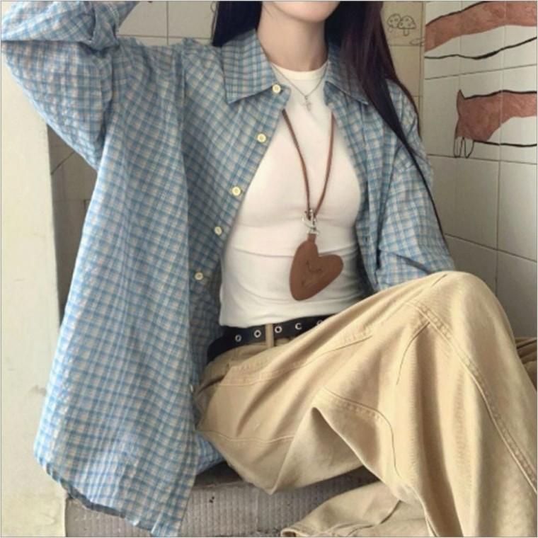간절기 남방 블루 잔체크 캐주얼 캐주얼 여자 셔츠 루즈핏