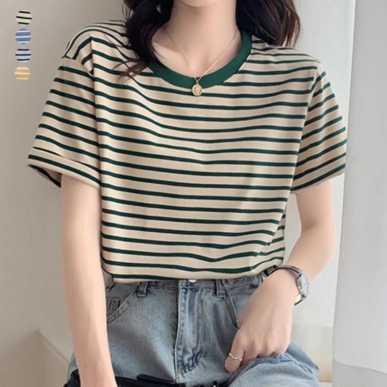 캐주얼 꾸안꾸 여성 라운드넥 단가라 스트라이프 반팔 데일리 티셔츠