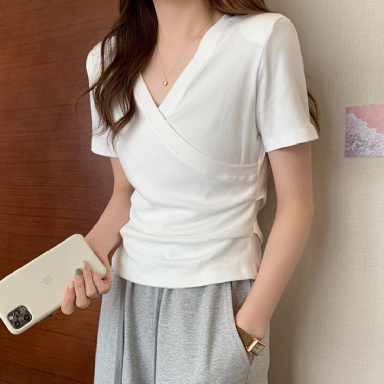 여성 데일리 캐주얼 슬림핏 브이넥 랩 티셔츠 상의