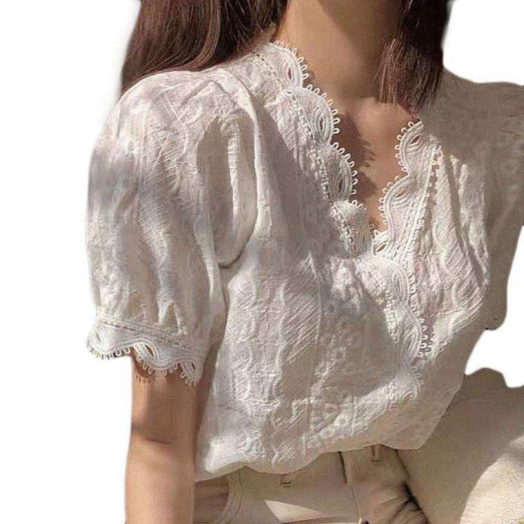 캐주얼블라우스 데일리룩 반팔티 블라우스 인기 레이스 여성 상의 캐주얼 퍼프 여름